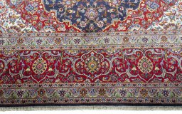 Full view of New Kashan rug from Iran / Persia, 422 × 298 cm in Blue tones