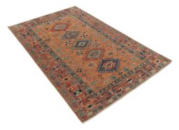 Corner detail of New Kazak rug showing border pattern and Wool pile