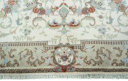 Full view of New Kashmar rug from Iran / Persia, 300 × 198 cm in Beige tones