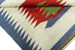 Full view of New Kilim Sofre rug from Turkey, 108 × 103 cm in Multi Color tones