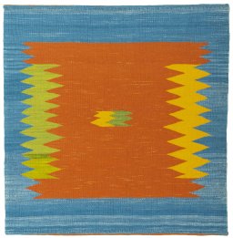 Full view of New Kilim Sofre rug from Turkey, 95 × 93 cm in Multi Color tones