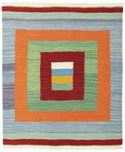 Full view of New Kilim Sofre rug from Turkey, 101 × 83 cm in Multi Color tones