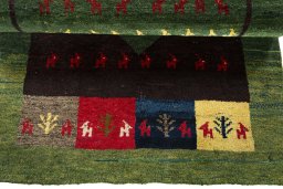 Full view of 2000s Persian Gabbeh rug from Pakistan, 150 × 108 cm in Multi Color tones