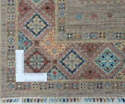 Corner detail of New Samarkand rug showing border pattern and Wool pile