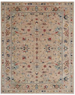 Full view of New Farahan rug from Pakistan, 309 × 246 cm in Beige tones