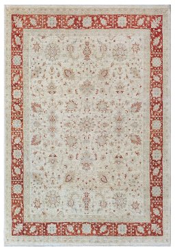 Full view of New Farahan rug from Pakistan, 406 × 270 cm in Beige tones