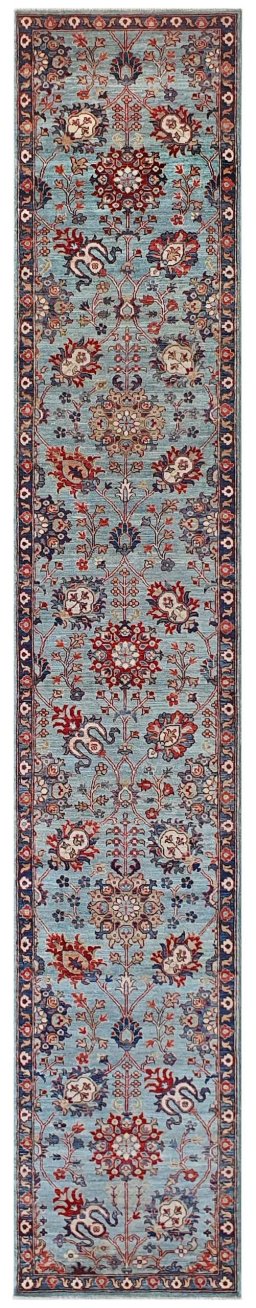 Full view of New Farahan rug from Pakistan, 438 × 76 cm in Blue tones