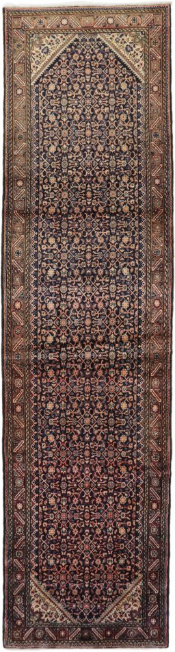 Full view of 2000s Farahan rug from Iran / Persia, 410 × 110 cm in Dark blue tones