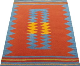 Close-up detail of New Kilim Sofre rug from Turkey showing Wool weave