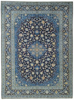 Full view of 2000s Kashan rug from Iran / Persia, 406 × 305 cm in Blue tones