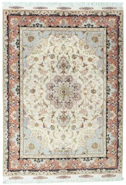 Full view of New Tabriz 50/60/70 Raj rug from Iran / Persia, 213 × 150 cm in Beige tones