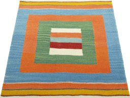 Close-up detail of New Kilim Sofre rug from Turkey showing Wool weave