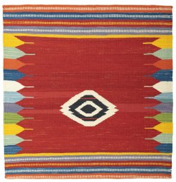 Full view of New Kilim Sofre rug from Turkey, 104 × 102 cm in Multi Color tones