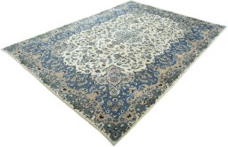 Corner detail of 2000s Kashan rug showing border pattern and Wool pile