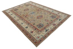 Corner detail of New Kazak rug showing border pattern and Wool pile