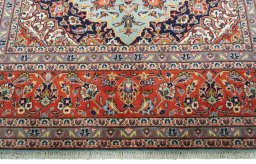 Full view of New Kashan rug from Iran / Persia, 298 × 210 cm in Blue tones