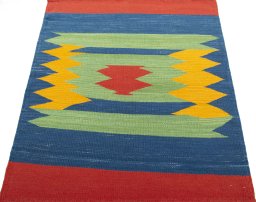 Close-up detail of New Kilim Sofre rug from Turkey showing Wool weave