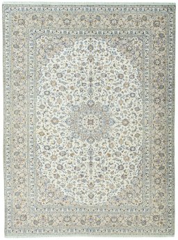 Full view of 2000s Kashan rug from Iran / Persia, 400 × 296 cm in Beige tones