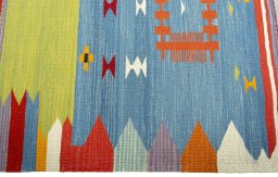 Close-up detail of New Kilim Sofre rug from Turkey showing Wool weave