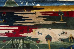 Full view of 2000s Persian Gabbeh rug from Pakistan, 204 × 137 cm in Multi Color tones