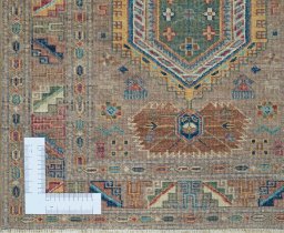 Corner detail of New Kazak rug showing border pattern and Wool pile