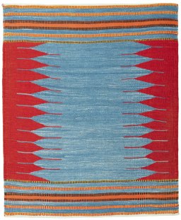 Full view of New Kilim Sofre rug from Turkey, 111 × 92 cm in Multi Color tones