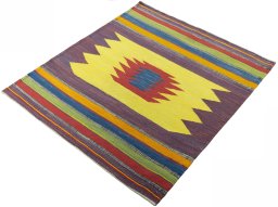 Corner detail of New Kilim Sofre rug showing border pattern and Wool pile