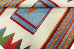 Full view of New Kilim Sofre rug from Turkey, 107 × 118 cm in Multi Color tones