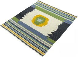 Corner detail of New Kilim Sofre rug showing border pattern and Wool pile