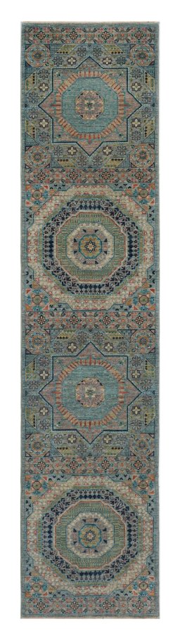 Full view of New Mamluk rug from Pakistan, 346 × 77 cm in Blue tones