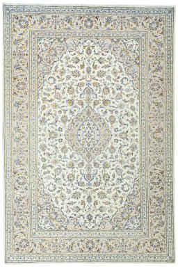 Full view of 2000s Kashan rug from Iran / Persia, 300 × 202 cm in Beige tones