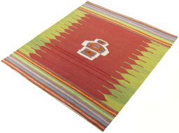 Corner detail of New Kilim Sofre rug showing border pattern and Wool pile
