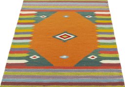 Close-up detail of New Kilim Sofre rug from Turkey showing Wool weave