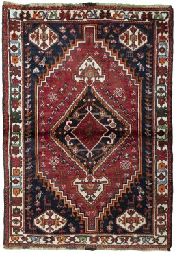 Full view of 2000s Shiraz rug from Iran / Persia, 163 × 116 cm in Red tones