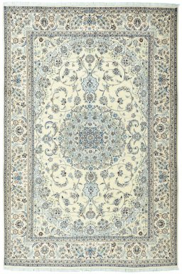 Full view of 2000s Nain rug from Iran / Persia, 363 × 243 cm in Beige tones