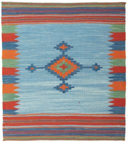 Full view of New Kilim Sofre rug from Turkey, 110 × 98 cm in Multi Color tones