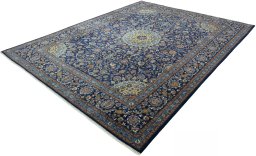 Corner detail of 2000s Kashmar rug showing border pattern and Wool pile