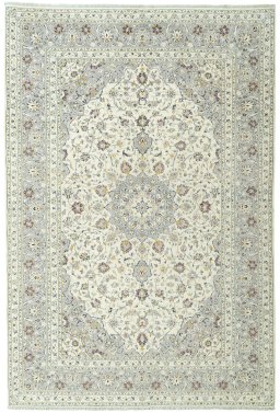 Full view of New Kashan rug from Iran / Persia, 301 × 203 cm in Beige tones