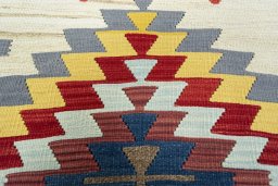Backside of handmade New Modern Design rug showing knot structure and weave density