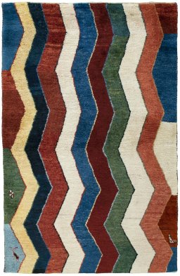 Full view of 2000s Persian Gabbeh rug from Pakistan, 163 × 105 cm in Multi Color tones