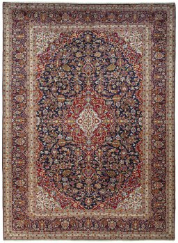 Full view of 2000s Kashan rug from Iran / Persia, 408 × 298 cm in Blue tones