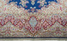 Full view of 1970s Kerman rug from Iran / Persia, 403 × 308 cm in Blue tones