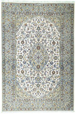 Full view of 2000s Kashan rug from Iran / Persia, 215 × 145 cm in Beige tones