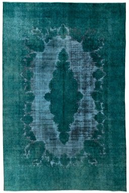 Full view of 1970s Vintage rug from Pakistan, 446 × 290 cm in Green tones