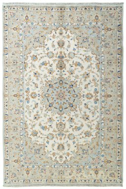 Full view of New Kashan rug from Iran / Persia, 295 × 200 cm in Beige tones