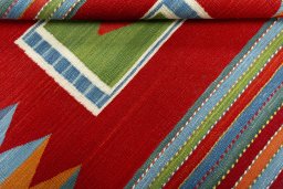 Full view of New Kilim Sofre rug from Turkey, 110 × 116 cm in Multi Color tones