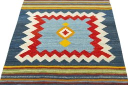 Close-up detail of New Kilim Sofre rug from Turkey showing Wool weave