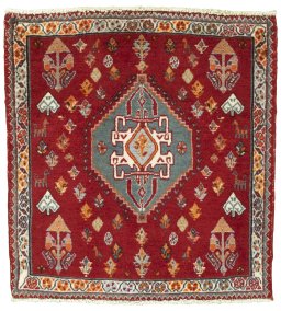 Full view of 2000s Shiraz rug from Iran / Persia, 69 × 65 cm in Red tones
