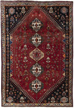 Full view of 2000s Shiraz rug from Iran / Persia, 330 × 229 cm in Red tones