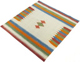 Corner detail of New Kilim Sofre rug showing border pattern and Wool pile
